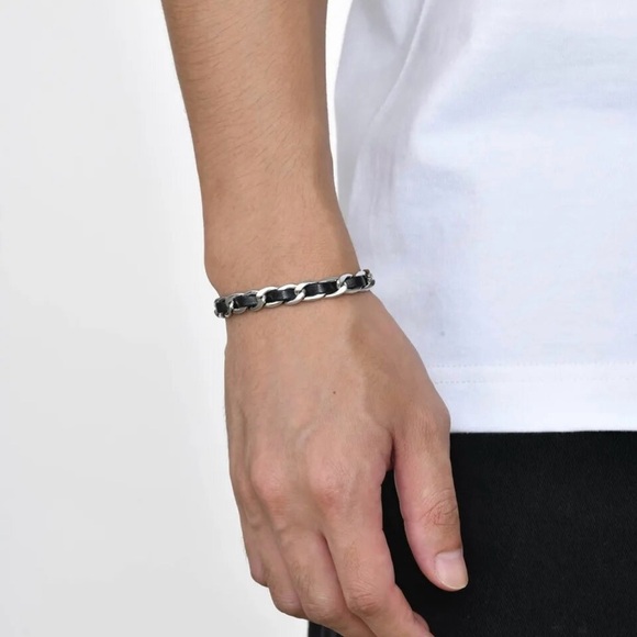 Black Leather Chain Bracelets, Waterproof Stainless Steel Cuban Links Chain - Picture 3 of 5